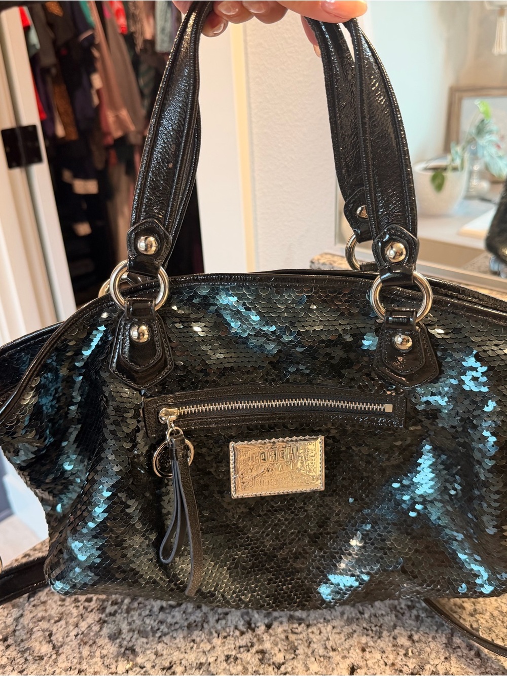 Coach Black Sequin Shoulder Bag with silver accents